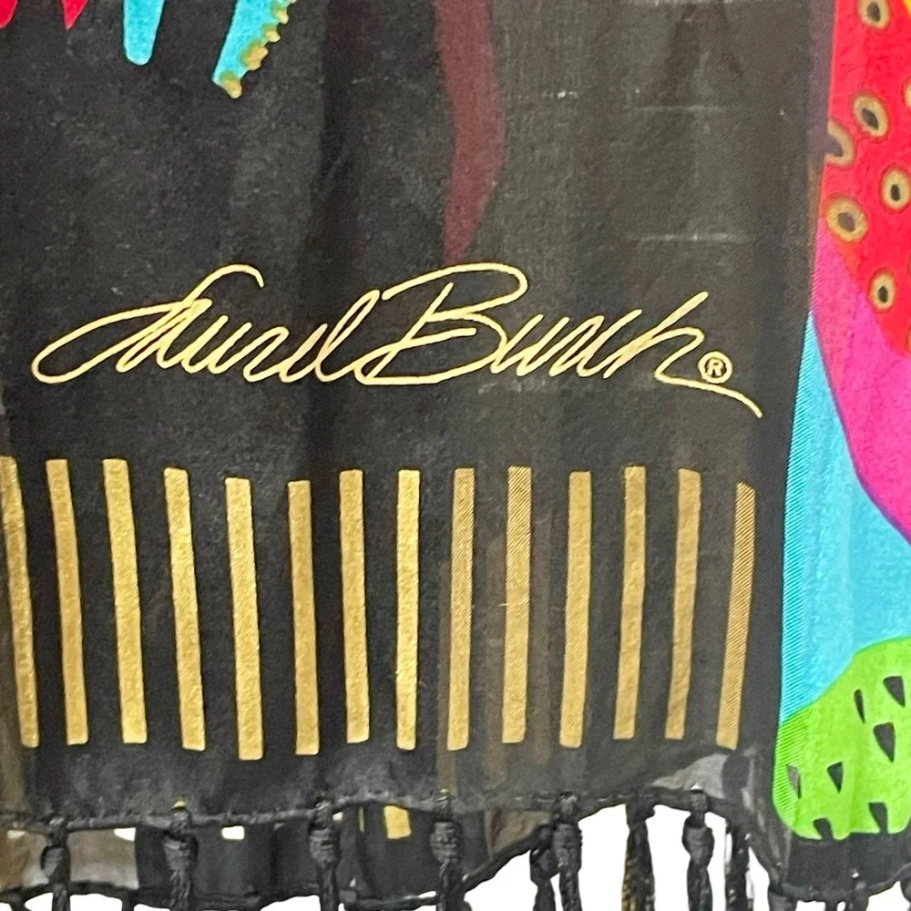 Laurel Burch Silk Scarf Black Multicolored Horse Print Fringe 52
